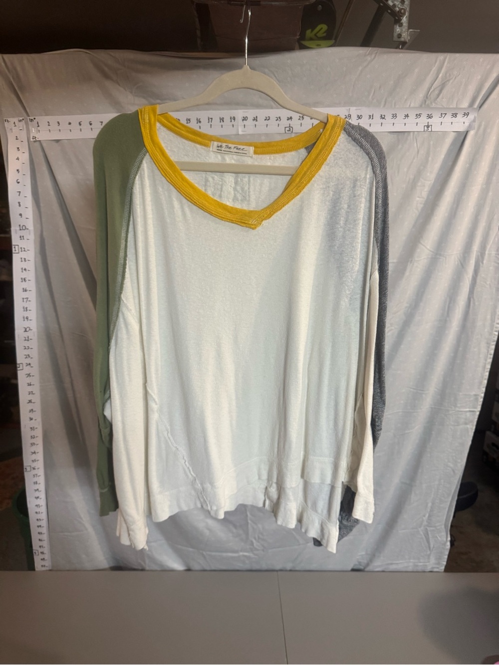 We The Free Women's White V-Neck Colorblock Top with Yellow Trim